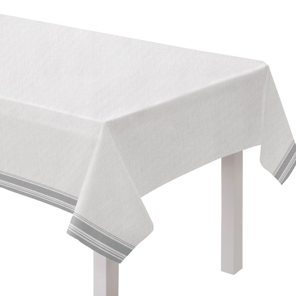 White With Silver Trim Airlaid Linen Like Banquet Tablecloth Party At