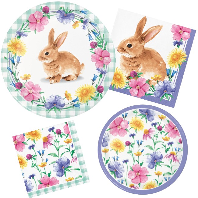 Easter Bunny and Blooms Paper Plates and Napkins