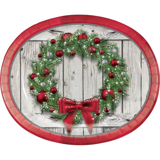 Rustic Christmas Wreath 12-inch Oval Plates: Party at Lewis Elegant Party Supplies, Plastic 