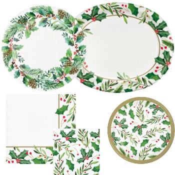 Golden Holly Paper Plates and Napkins