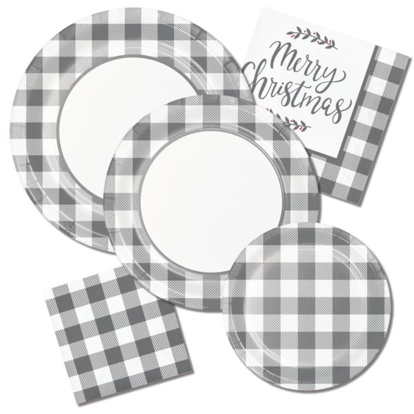 Holiday Gray and White Check Paper Plates and Napkins